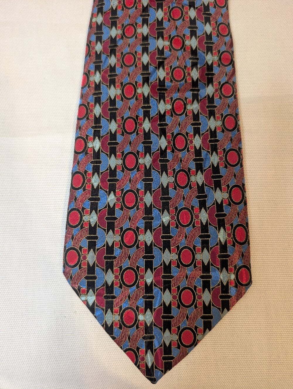 Brioni Men's Geometric Pattern Silk Tie in Navy, Blue, Red & Light Green Accent